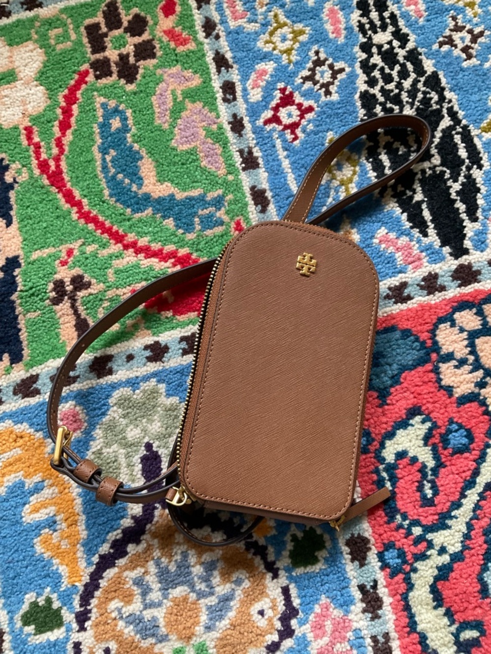 Tory Burch Tan Leather Crossbody Phone Pouch with Gold Logo